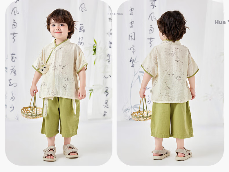 Dudu Baby New Chinese Style Summer Set Children's National Style Two-Piece Boys Short Sleeve Girls Shorts Summer Outfit Pink 90cm 19