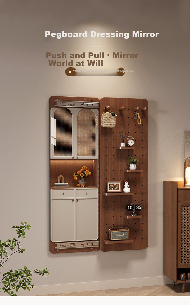 Qiyinge Solid Wood Pegboard Dressing Mirror Integrated Hidden Sliding Concealed Entryway Wall-Mounted Home Fitting Mirror 2