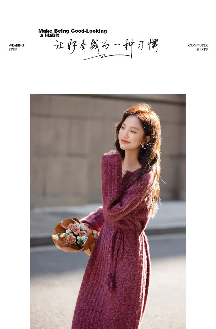 Demana "Lianlian Warm Breeze" Winter Elegant Cable Knit V-Neck Tassel Waist Sheep Wool Women's Dress 12