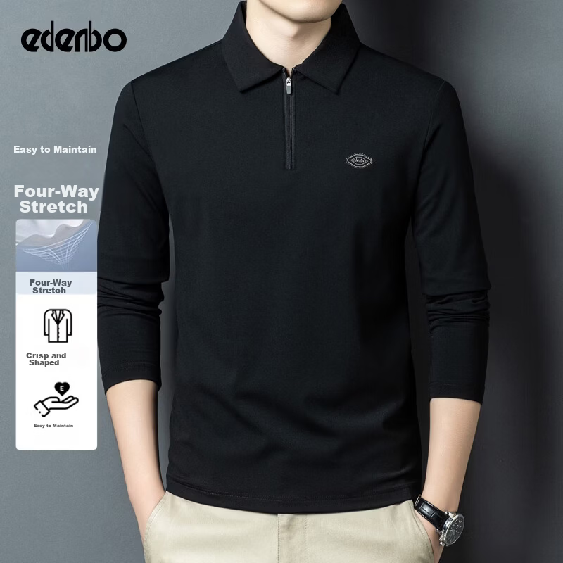 Edenbo Long Sleeve Half-Zip Polo Shirt Men Autumn Winter Four-Way Stretch Top Black 180/96A (2XL)