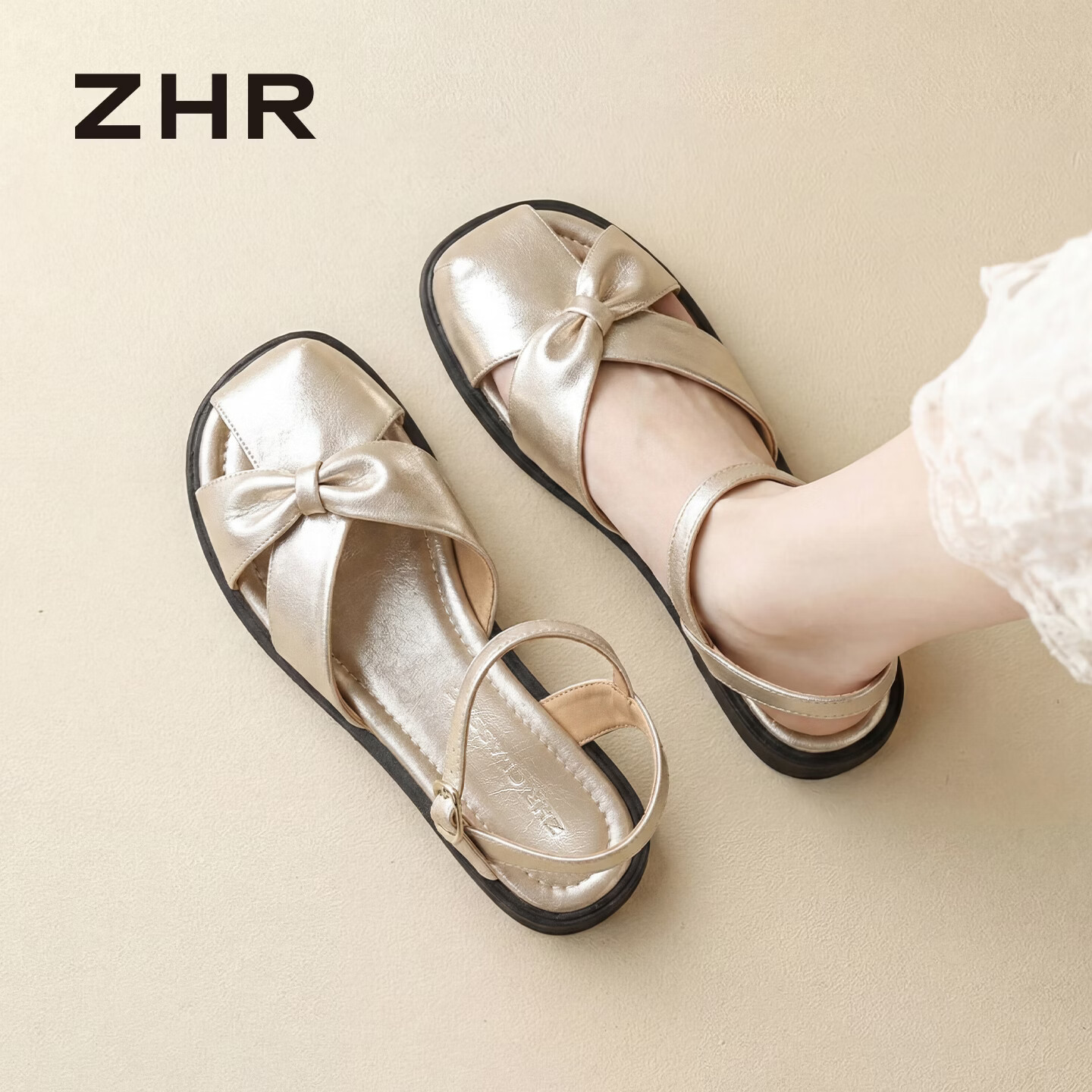 ZHR Women's Soft Flat Open-Toe Retro Hollow-Out Roman Sandals Single Strap Beach Slippers KN272 Champagne Size 39
