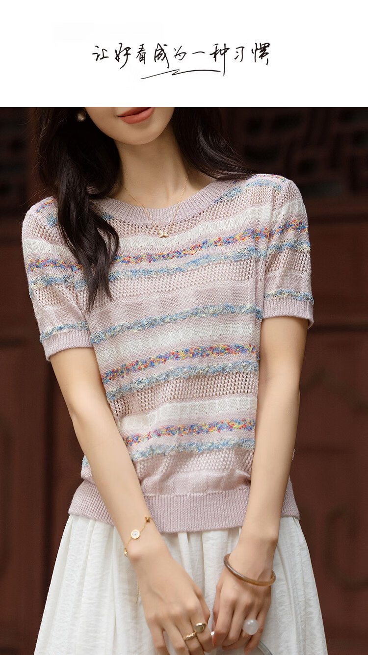 Demana【Mulberry Silk and Wool Blend】Spring Vintage Colorblock Striped Slim Fit Petite Women's Knit Sweater 1