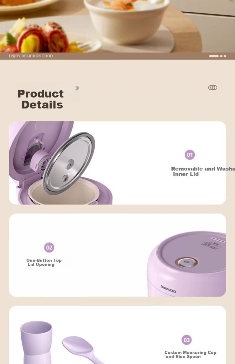 DAEWOO Low-Sugar Rice Cooker 1.2L Mini Small Electric Rice Cooker Smart Reservation Multifunctional Micro Pressure Single Meal FB23-DT Low-Sugar Version Purple 1.2L [Price Guarantee 618] 5
