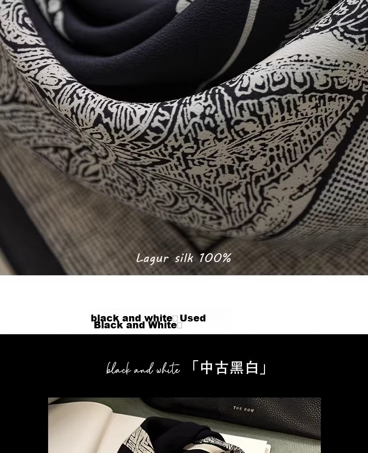 Lagur French Vintage Classic High-End Black and White 100% Mulberry Silk Square Scarf Versatile Neck Scarf for Women 20