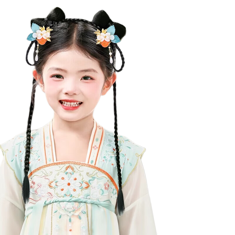 BQI Girls Hanfu Wig Ancient Style Hair Accessories Integrated Children's Wig Bun Pad Traditional Costume Hairpiece New Year Hair Ornament