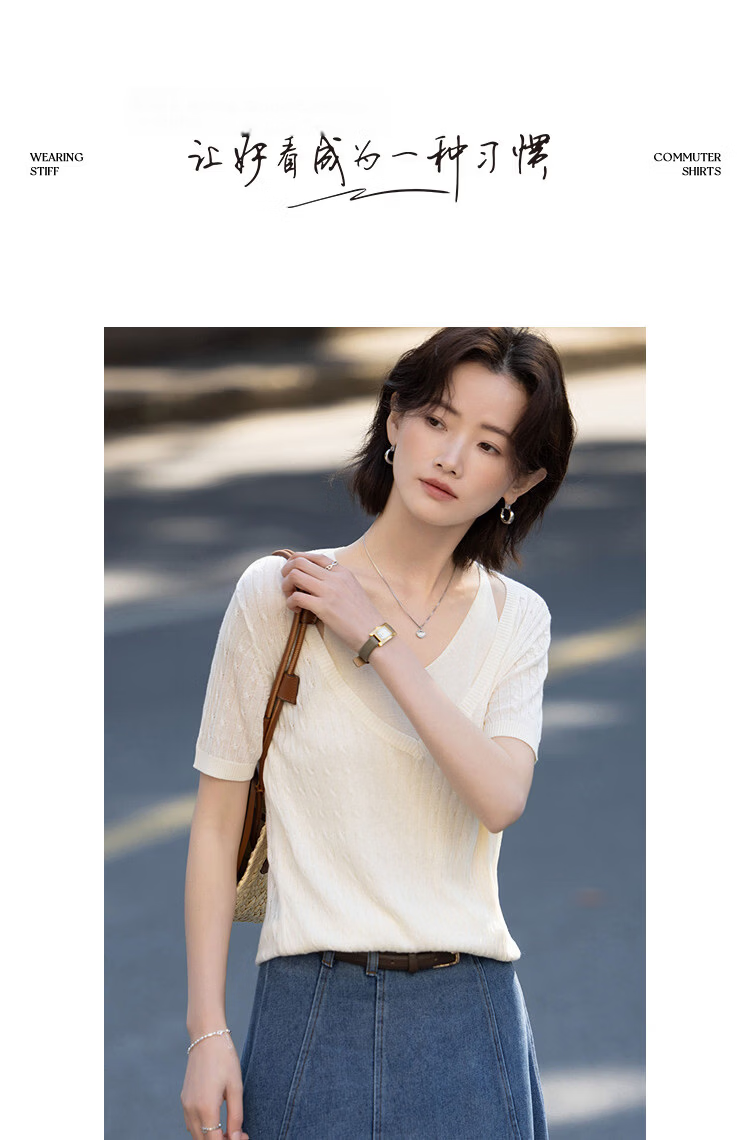Demana [100 Lyocell] Summer Halter Neck Two-Piece V-Neck Cable Knit Slim Fit Short Sleeve Sweater for Women Premium Quality 8