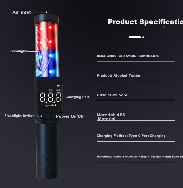 ZhuGu Portable Alcohol Tester Digital Breathalyzer High-Precision Metal Alcohol Detector 14