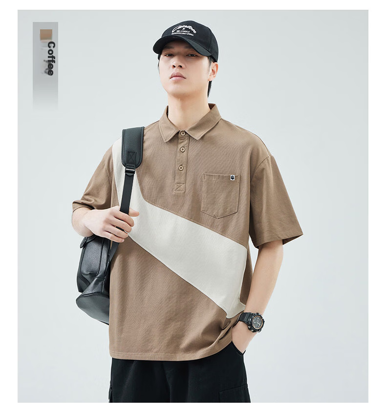 Fingercroxx IT American Style Patchwork Short Sleeve Polo Shirt Men Summer Loose Fit Casual Collared Top Coffee 2XL 17
