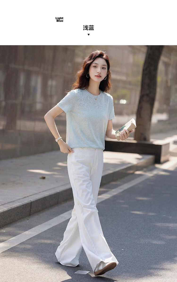 Demana [with Flax Cloud Cotton] Summer Simple Style Color-Block Shoulder Round Neck Slim Loose Fit Women's T-Shirt 15