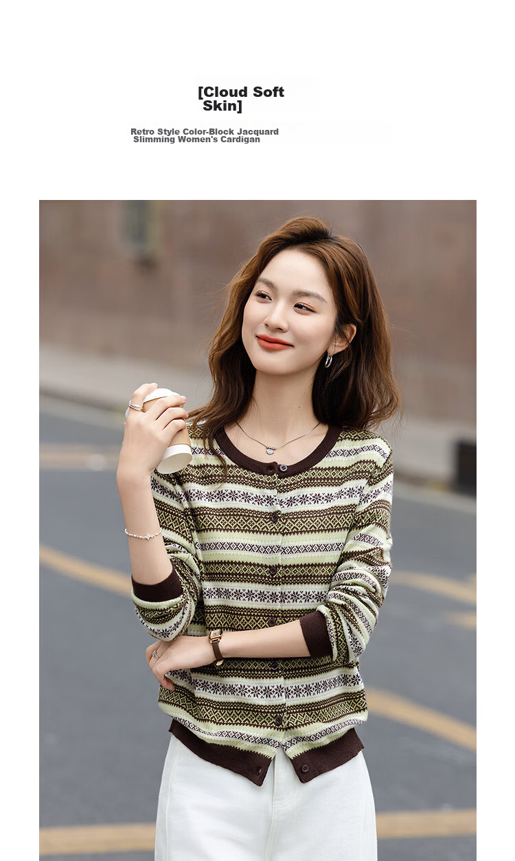 Demana【With Mulberry Silk/Wool】Autumn Vintage Colorblock Jacquard Slim Fit Knit Cardigan for Women Premium 5