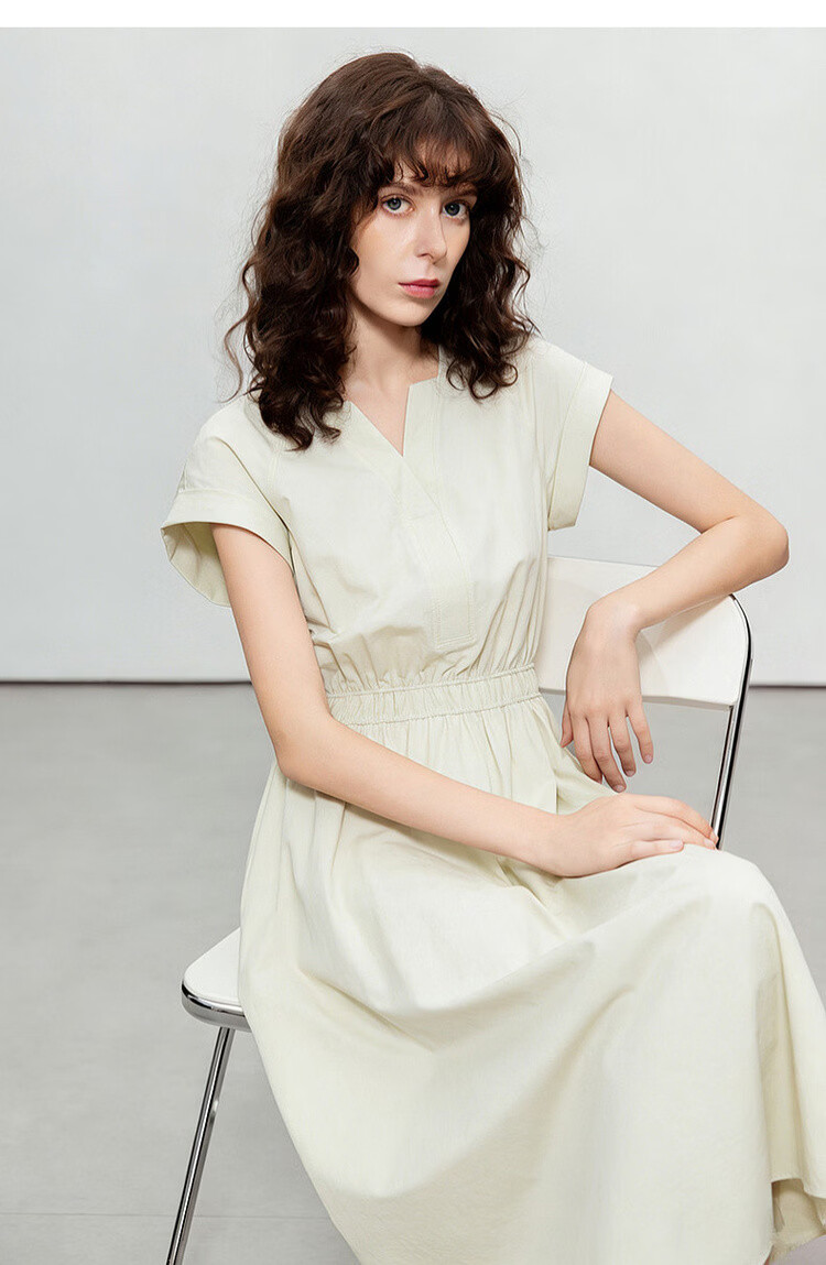 Demana [Lyocell Cotton Blend] Summer Simple Style V-Neck Short Sleeve Waist-Cinched A-Line Slimming Work Dress for Women 16