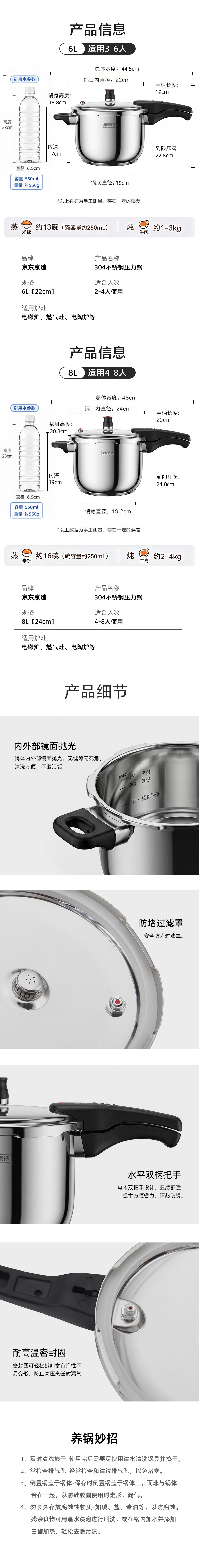 JD Jingzao Pressure Cooker 6L Stainless Steel 304 Multi-Safety Explosion-Proof Red Dot Lock Compatible with Gas Stove 22cm 15