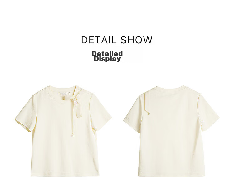 Olrain Detachable Ribbon French Style Short Sleeve T-Shirt Women Summer New Shoulder Round Neck Top Beige M 28