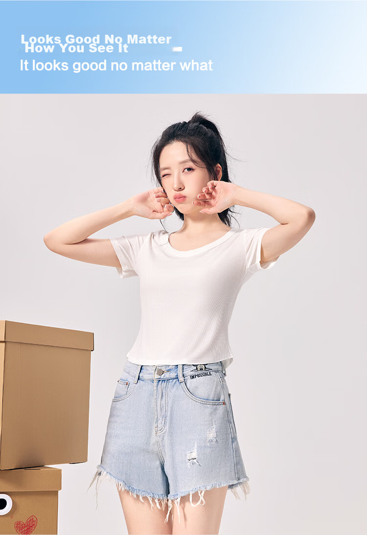 Hodo 10A Antibacterial Modal Short Sleeve T-Shirt for Women, Round Neck, Versatile Waist-Slimming Short Fit Base Tee 13