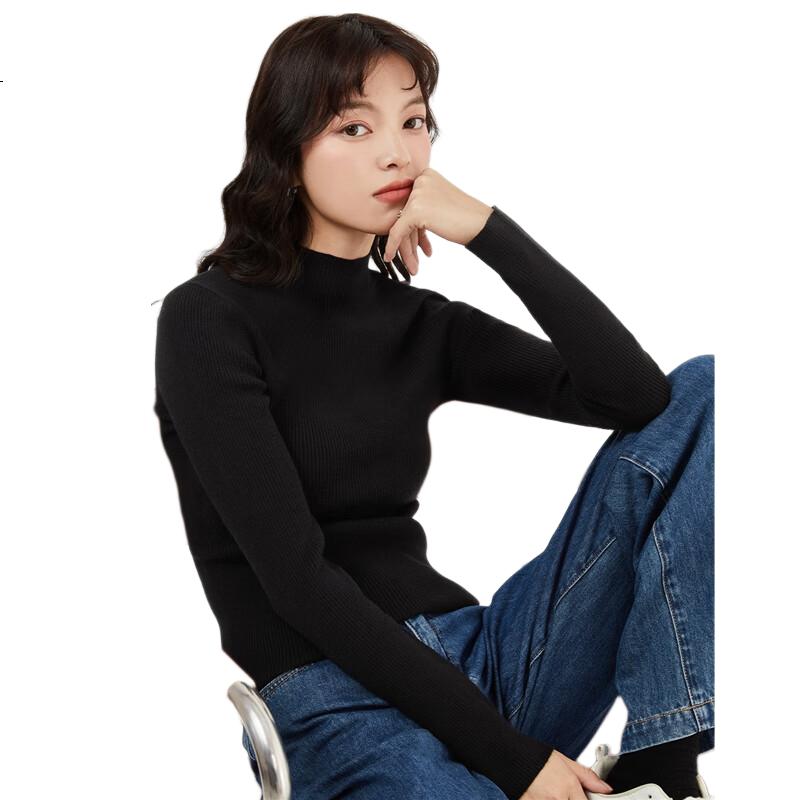 Giordano Ultra-Fine Knit Sweater for Women, Solid Color Slim-Fit Inner Layer Semi-Turtleneck Long-Sleeve Knitted Base Shirt for Women 13353811