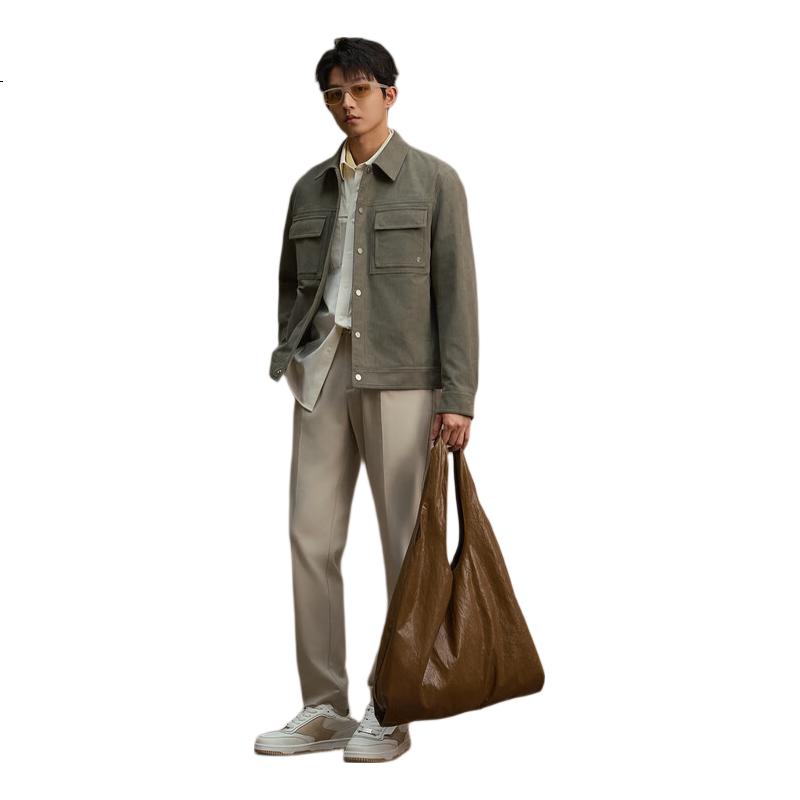 CABBEEN Men's Jacquard Checkerboard Autumn Jacket with Metal Logo Decoration