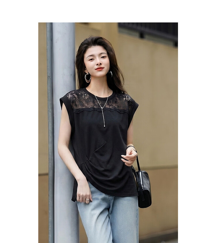 Demana [Cooling Black Technology Sorona] Summer Elegant Lace Splice Crew Neck Pleated Hem Short Sleeve Women's T-Shirt 10