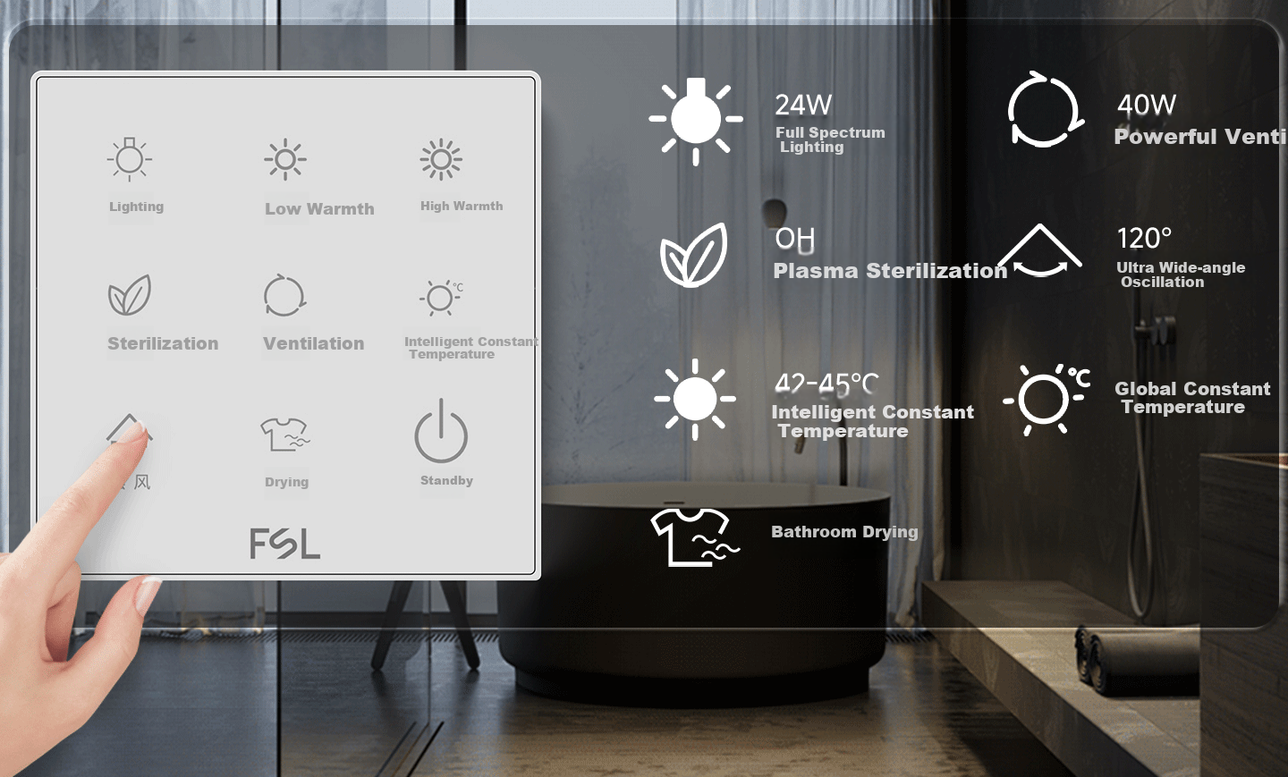 Foshan Lighting Smart Thermostatic Warm Air Bathroom Heater with Lighting and Exhaust, Ring-shaped OH Ion Sterilization, AI Voice Control X1 15
