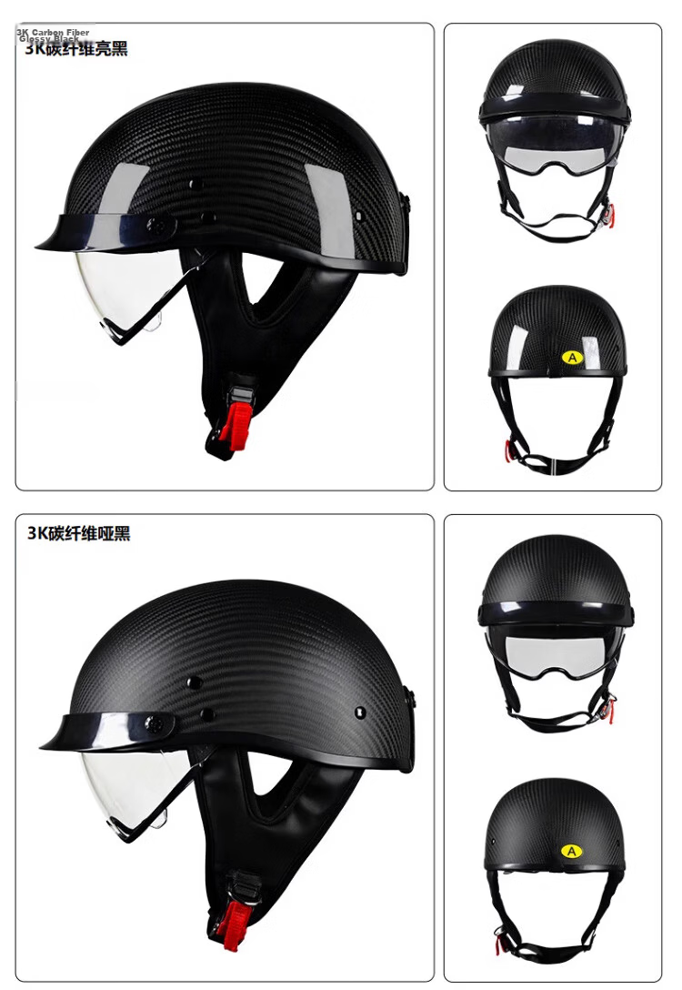V True Carbon Fiber Helmet Unisex Cruiser Motorcycle Half Helmet Summer Ultra-Light Riding Motorbike Retro Helmet 3C Certified [12K Matte Black] [XXL Size] 6