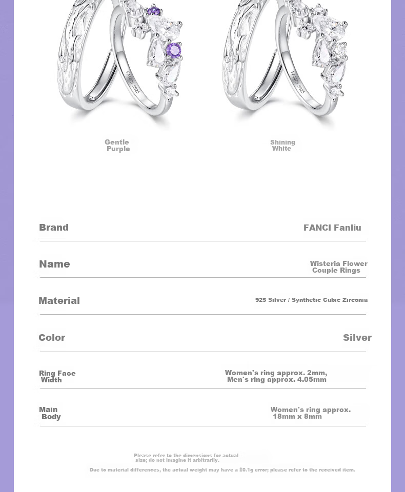 FanciFanci Wisteria Couple Silver Rings Pair Anniversary Birthday Gift for Girlfriend Size 12 11
