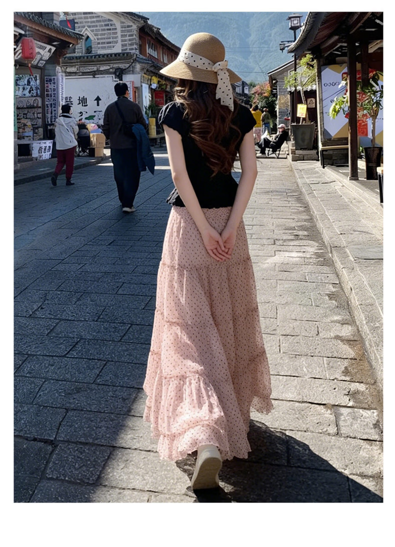 Langsha Pink Polka Dot Long Skirt Women's New 2026 Summer Super Beautiful Tulle A-Line High Waist Slim Puff Half Skirt 13