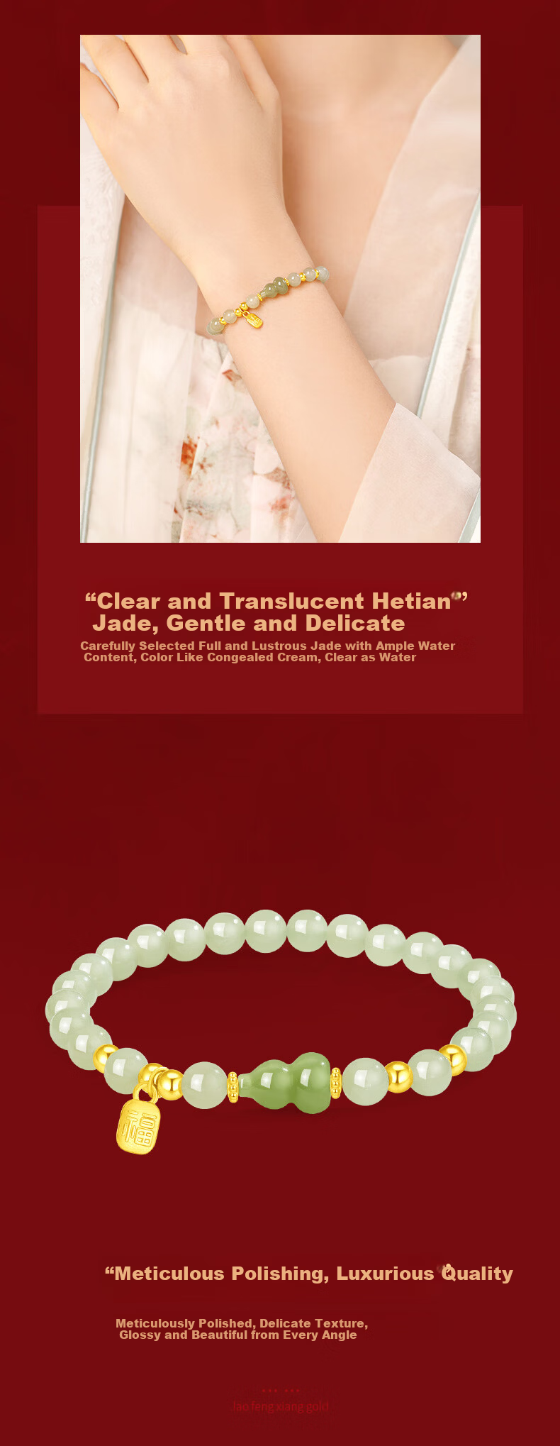 Lao Feng Xiang Gold Gourd Bracelet Women's Hetian Jade Lucky Bead Bracelet Birthday Anniversary Gift for Girlfriend Wife 4