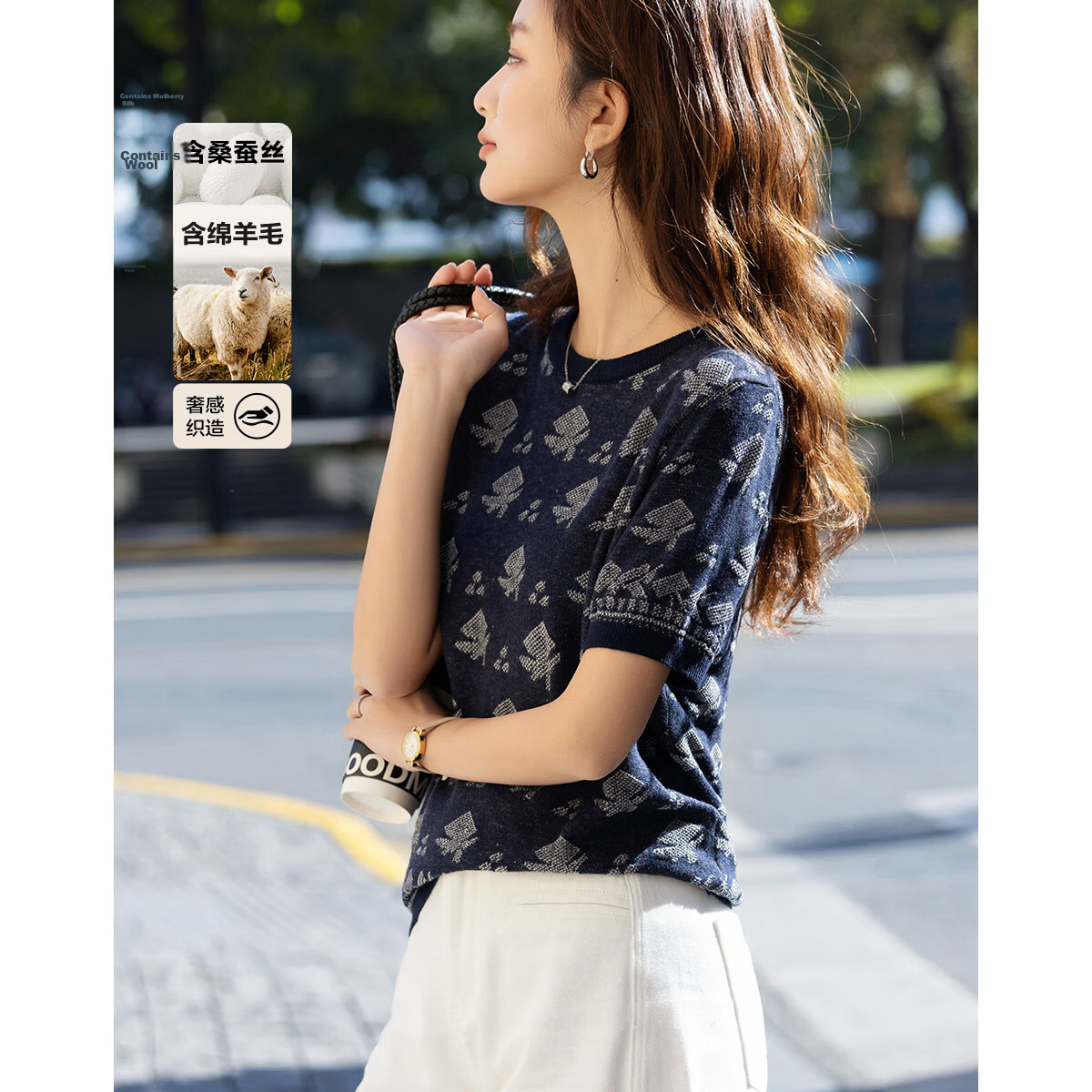 Demana Women's Vintage Spring Round Neck Colorblock Jacquard Knit Sweater with Mulberry Silk and Wool