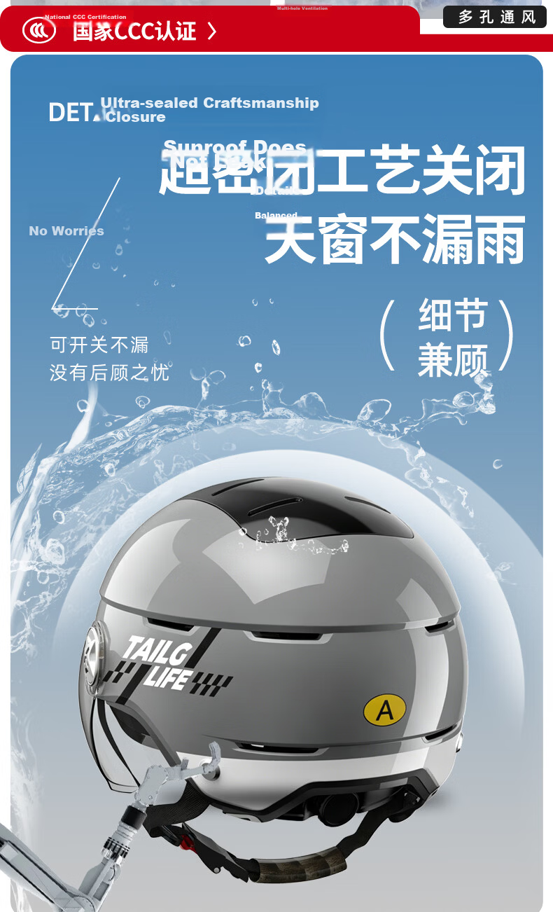 Tailg Helmet Motorcycle Electric Bike Helmet Unisex Summer Riding Half Helmet 3C Certified Skylight Model - Black 3