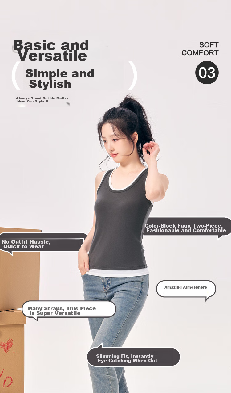 Hodo Women's Soft Stretch Cotton-Spandex Colorblock Fake Two-Piece Slim Fit Slimming Simple Sports Commuting Versatile Wide Strap Vest 4