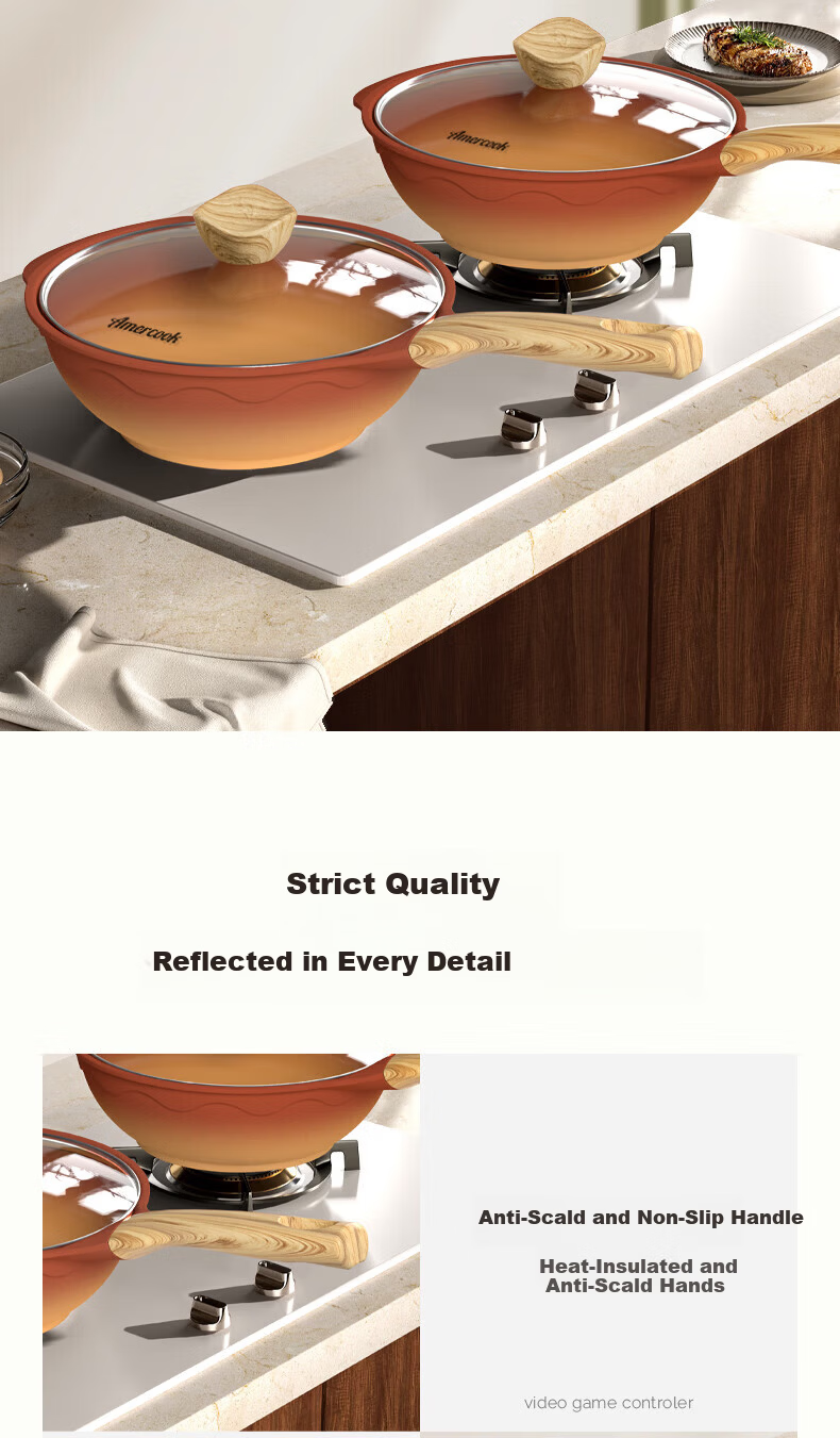 Amercook Clay Small Non-Stick Stir-Fry Pan Single Serving Cooking Wok for Induction and Gas Stove 11