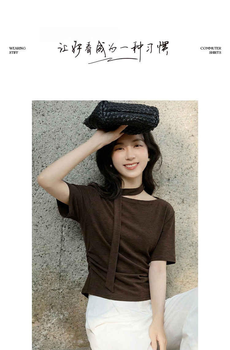 Demana [Like the Wind Freedom] Summer Cloud Oxygen Cotton Off-Shoulder Detachable Ribbon Ruched Slim T-Shirt for Petite Women 9