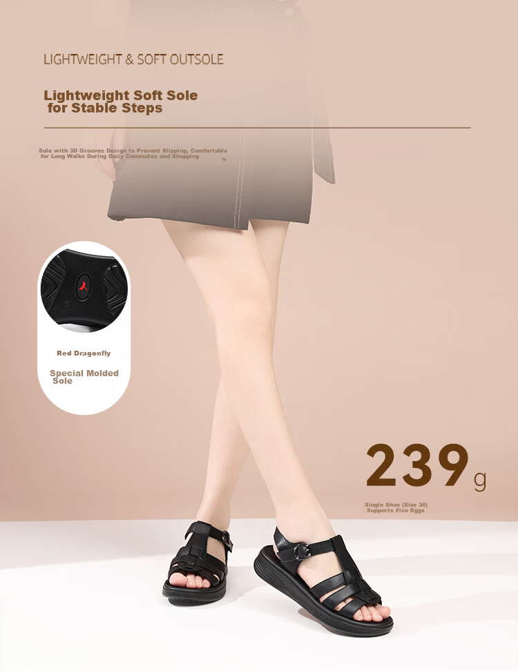 Red Dragonfly Women's Soft Sole Open Toe Leather Roman Sandals Breathable Height Increasing Velcro Clogs WTK264911 Black Size 38 8