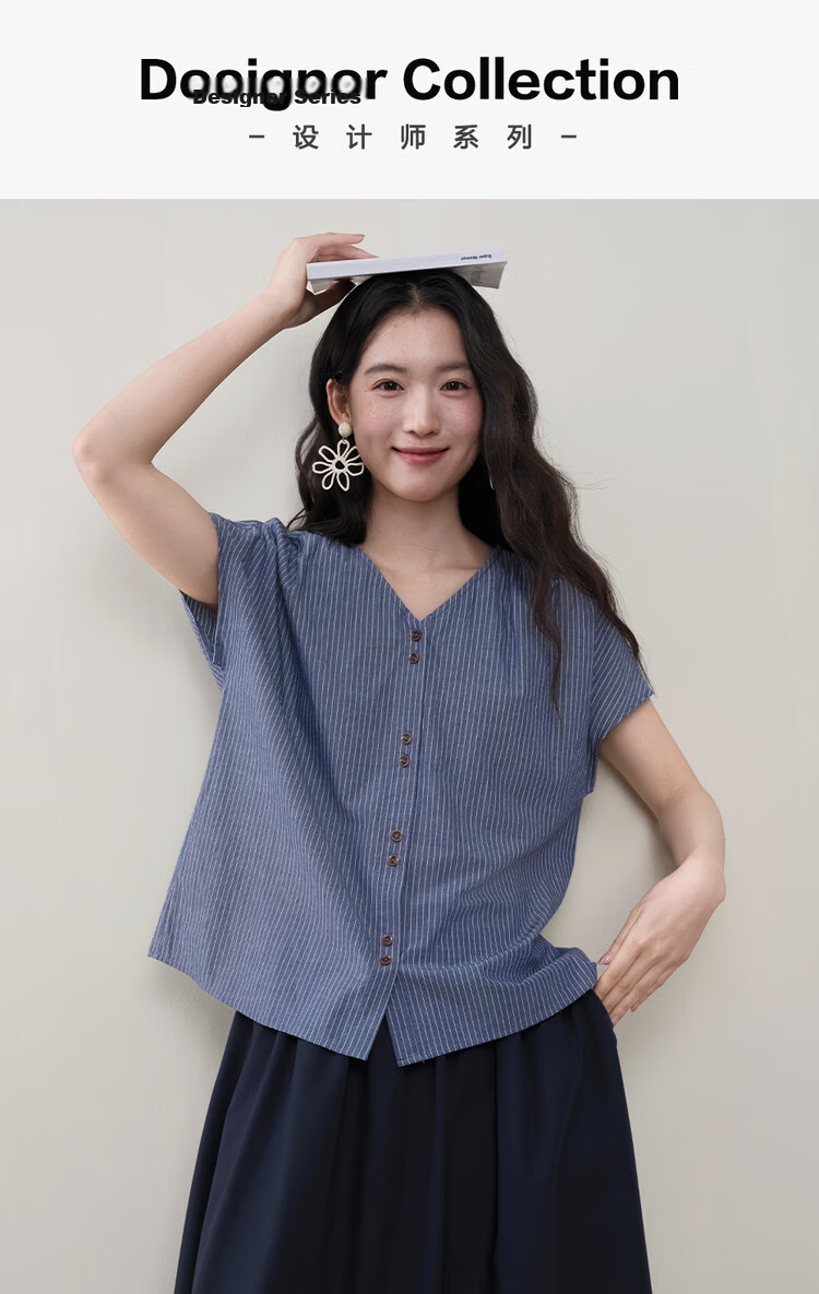 Giordano Designer Women's Summer New Cotton Linen Tie-Striped V-Neck Short Sleeve Shirt 18346311 3