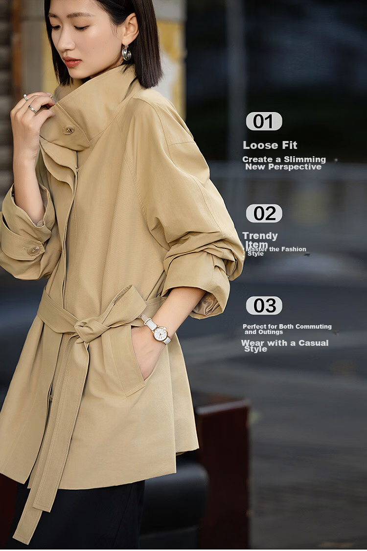 Dme [City Light Travel] Spring Healing Buff Stand Collar Cotton-Nylon Twill Long Loose Women's Trench Coat 5