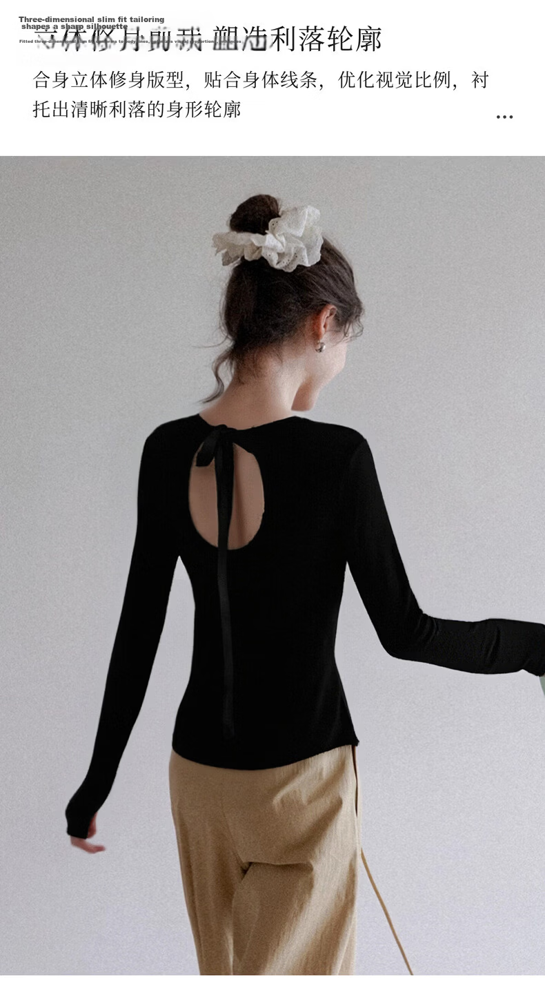 Olrain Slim Fit Back Hollow Butterfly Bow Long Sleeve T-Shirt Women Spring New Slim Top Black XL 8