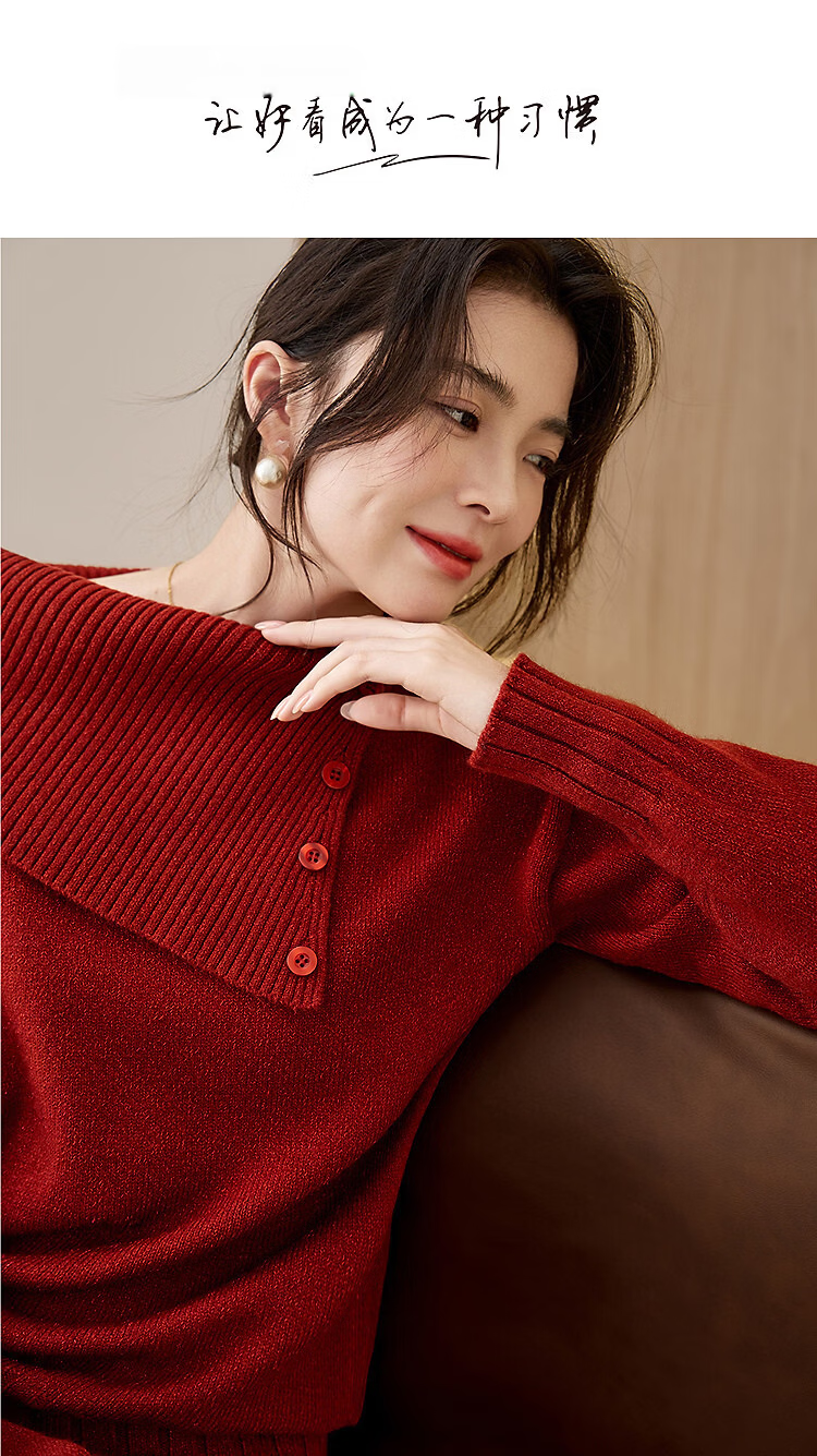 Demana Red Rose Nocturne Winter Vintage Elegant Asymmetric Neckline Slimming Knit Sweater for Women 1