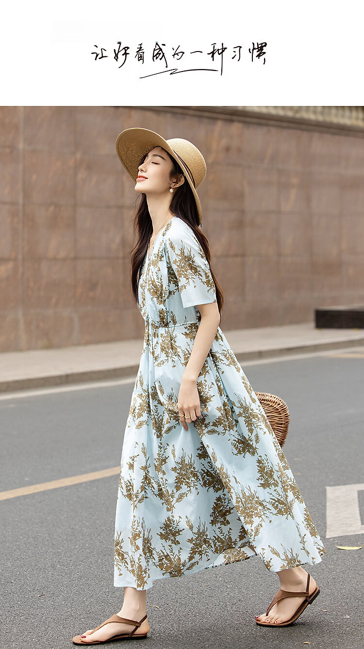 Demana Fresh Cotton Summer Vacation Style V-Neck Puff Sleeve Waist-Cinched Flared Slimming Dress for Women Premium 1