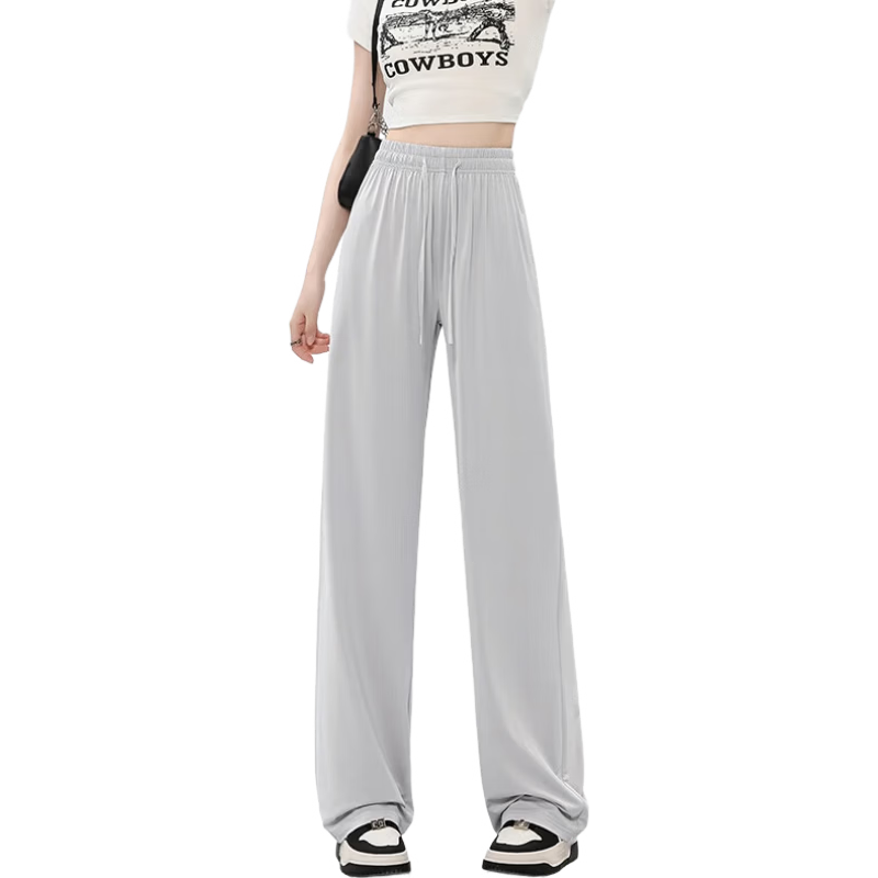 Jeanswest Women's Summer Casual Loose Comfortable Drawstring Wide-Leg Ice Silk Sun Protection Pants Pink M