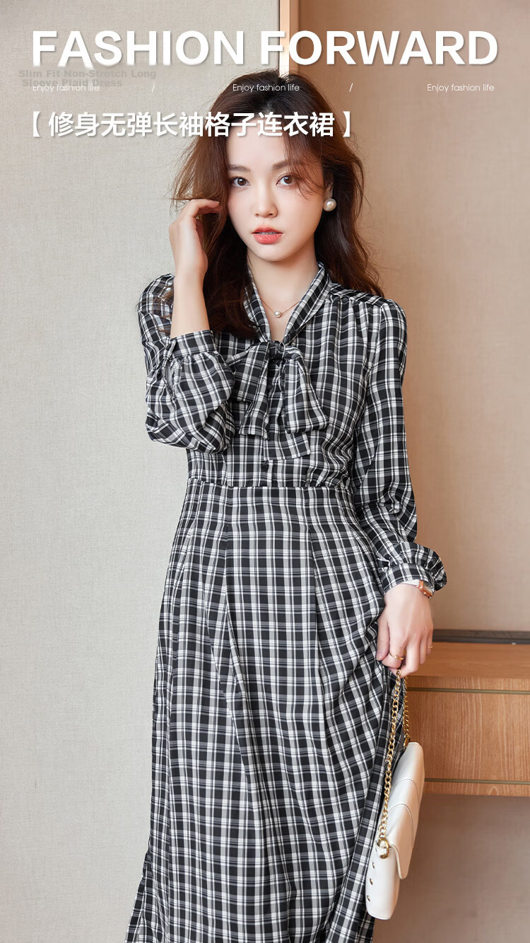 MT Black and White Checkered Bow Autumn Slim Fit Non-Stretch A-Line Long Sleeve Plaid Dress for Women 1