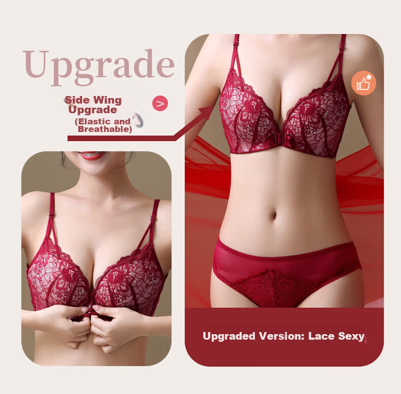 KJ Front Closure Bra Set for Women Sexy Backless Wireless Push-Up Plus Size Bra Red Year Premium Gift 17