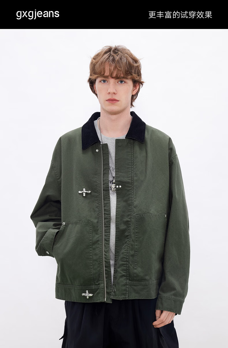 Gxgjeans Men's American Vintage Airplane Buckle Workwear Collar Jacket Coat 26 Spring New Dark Green 180/XL 6
