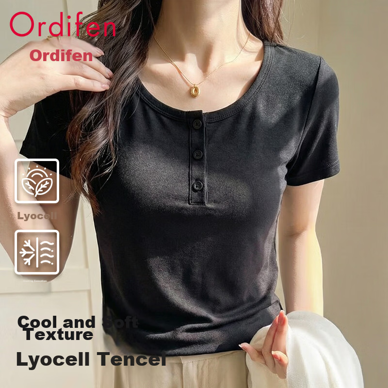 Audifine Women's Crew Neck Base Shirt U-Neck Inner Wear Spring Summer Lyocell Tencel Button Short Sleeve T-Shirt Breathable Soft Black 2XL