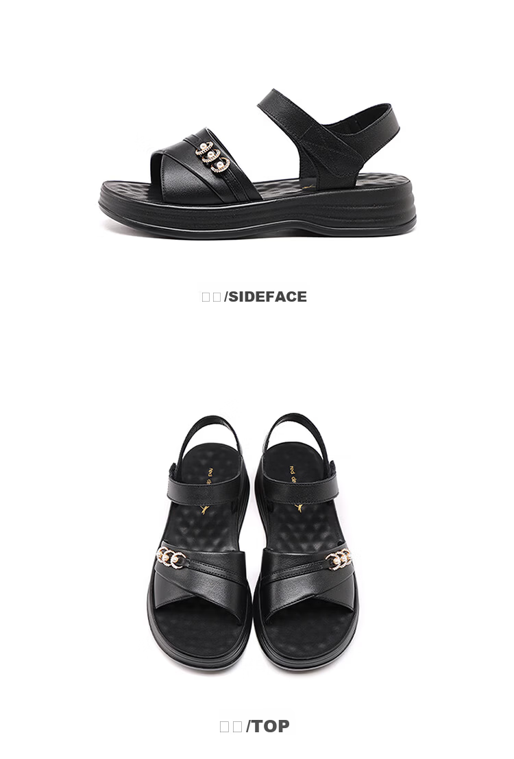 Red Dragonfly Women's Leather Velcro Sandals Thick Sole Soft Sole Lightweight Outdoor Casual Beach Shoes WTK264871 Black 39 15