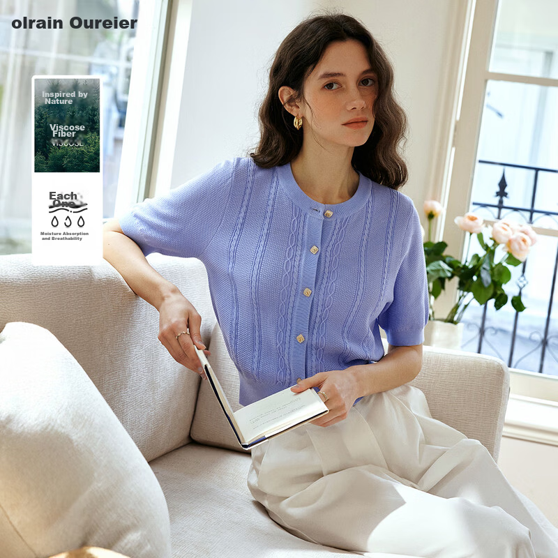 Olrain French Style Round Neck Cable Knit Cardigan Women Summer Commuter Casual Short Top Purple L