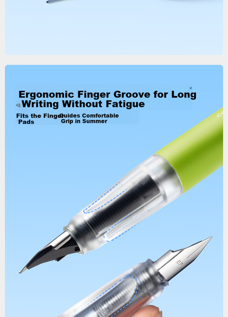 Casimir Ergonomic Comfortable Grip Fountain Pen for Students Beginner Handwriting Practice Grade 3 Posture Correction Signature Pen Student Stationery Gift Blue Pen*1 + Black Ink Cartridges*20 2
