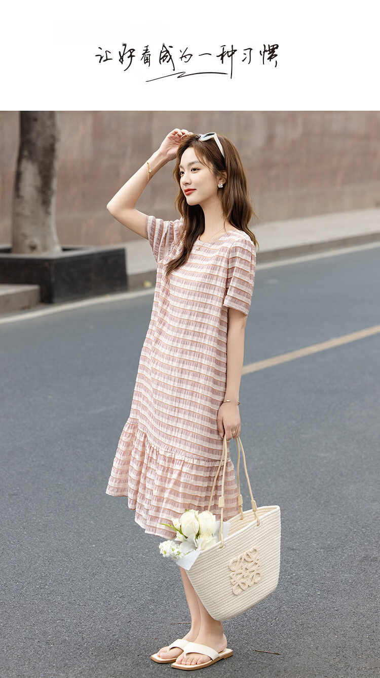 Demana [Lyocell] Summer Vintage Wrinkled Striped Ruffle Loose Slimming Concealing Dress for Women High-End Feel 1