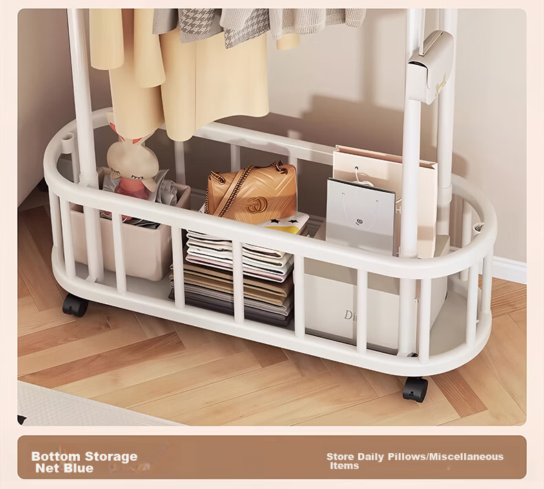 Yaoying Mobile Floor Clothes Rack Bedroom Clothing Storage Rack Drying Rack YJ35 White Double Bar 100cm 14