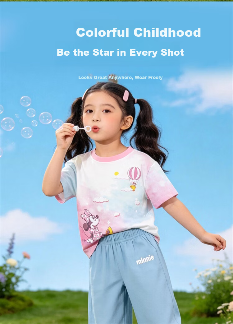 Disney Spring Summer New Girls Ice Cool Short Sleeve T-Shirt Lightweight Breathable Anti-Mosquito Long Pants Casual Set Pastel Color 100 7