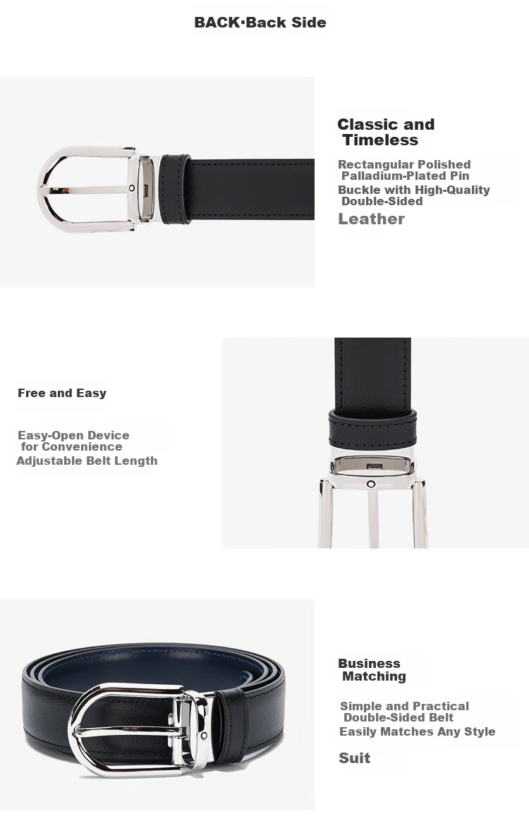 MONTBLANC Horseshoe-Shaped Shiny Palladium-Plated Pin Buckle Black and Blue Reversible 3cm Belt 128756 Gift 3