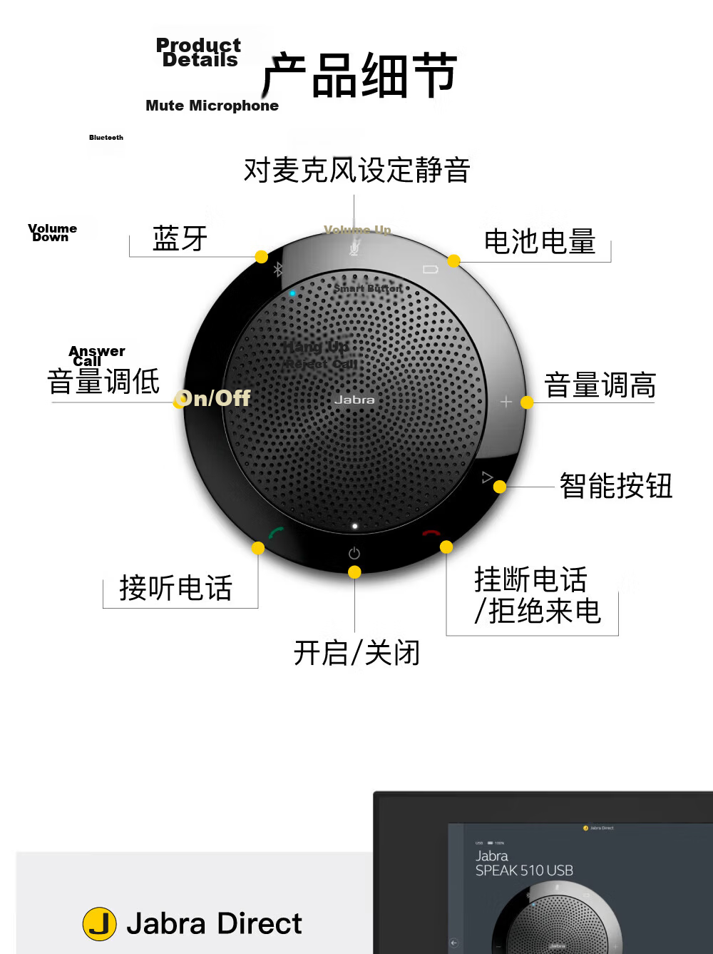 Jabra Speak 510 UC Omni-Directional Microphone Bluetooth Wireless Speakerphone Conference Speaker Upgraded Trade-In Available 13